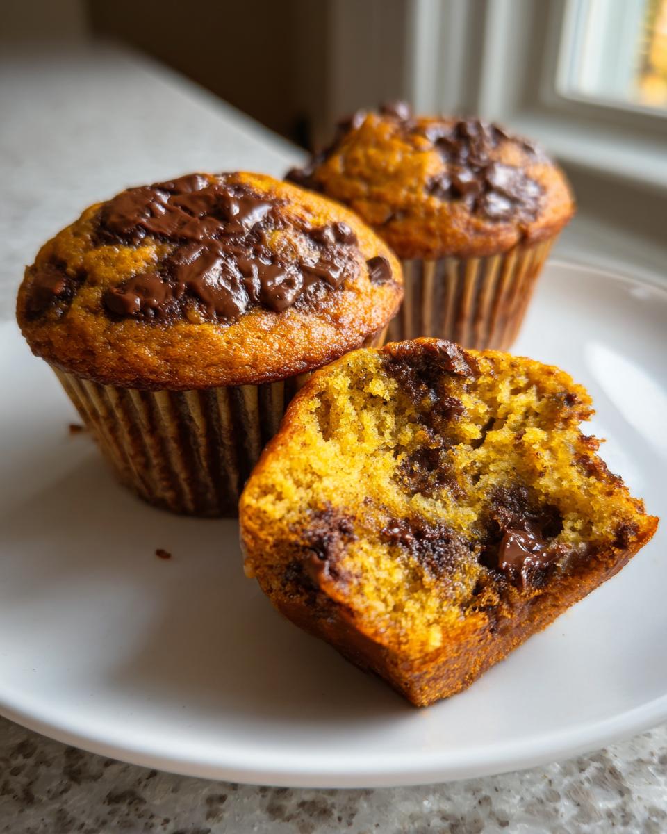 Three fluffy banana chocolate chip muffins on a white plate, one is broken open showing a moist interior.