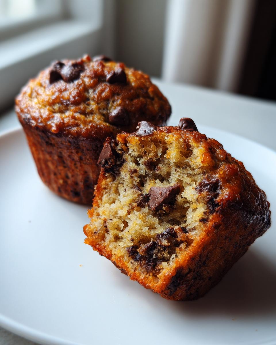 Close-up of a fluffy banana chocolate chip muffin cut in half showing moist interior and melted chocolate chips.