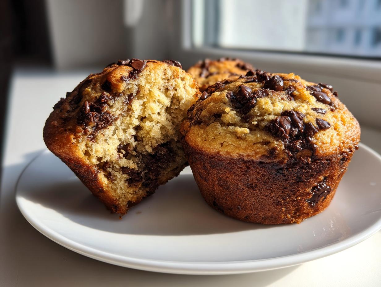 Two fluffy banana chocolate chip muffins, one cut open to show the moist interior and chocolate chips.