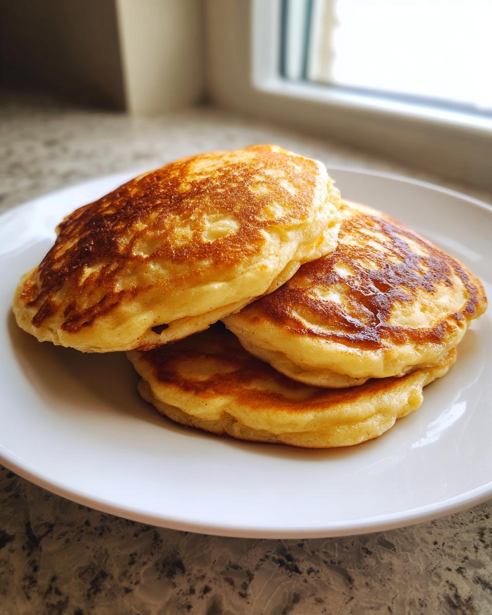 A stack of three golden-brown, fluffy banana pancakes served on a white plate.