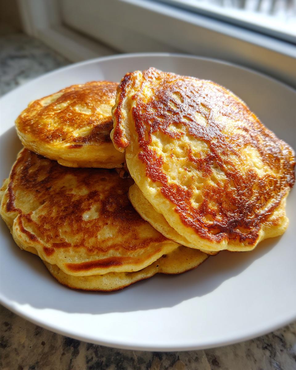 A stack of three golden-brown, fluffy banana pancakes resting on a white plate near a window.