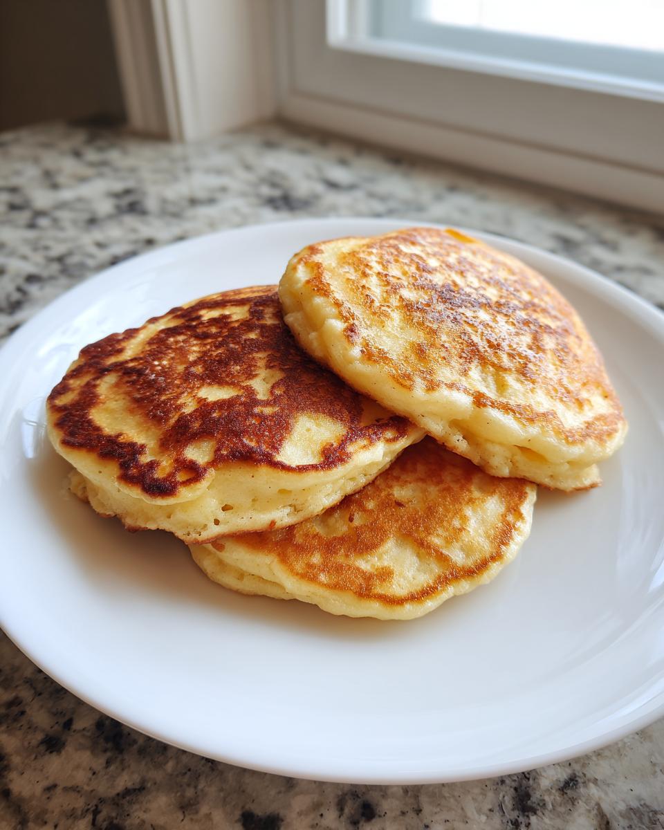 A stack of three golden brown, fluffy banana pancakes served on a white plate near a window.