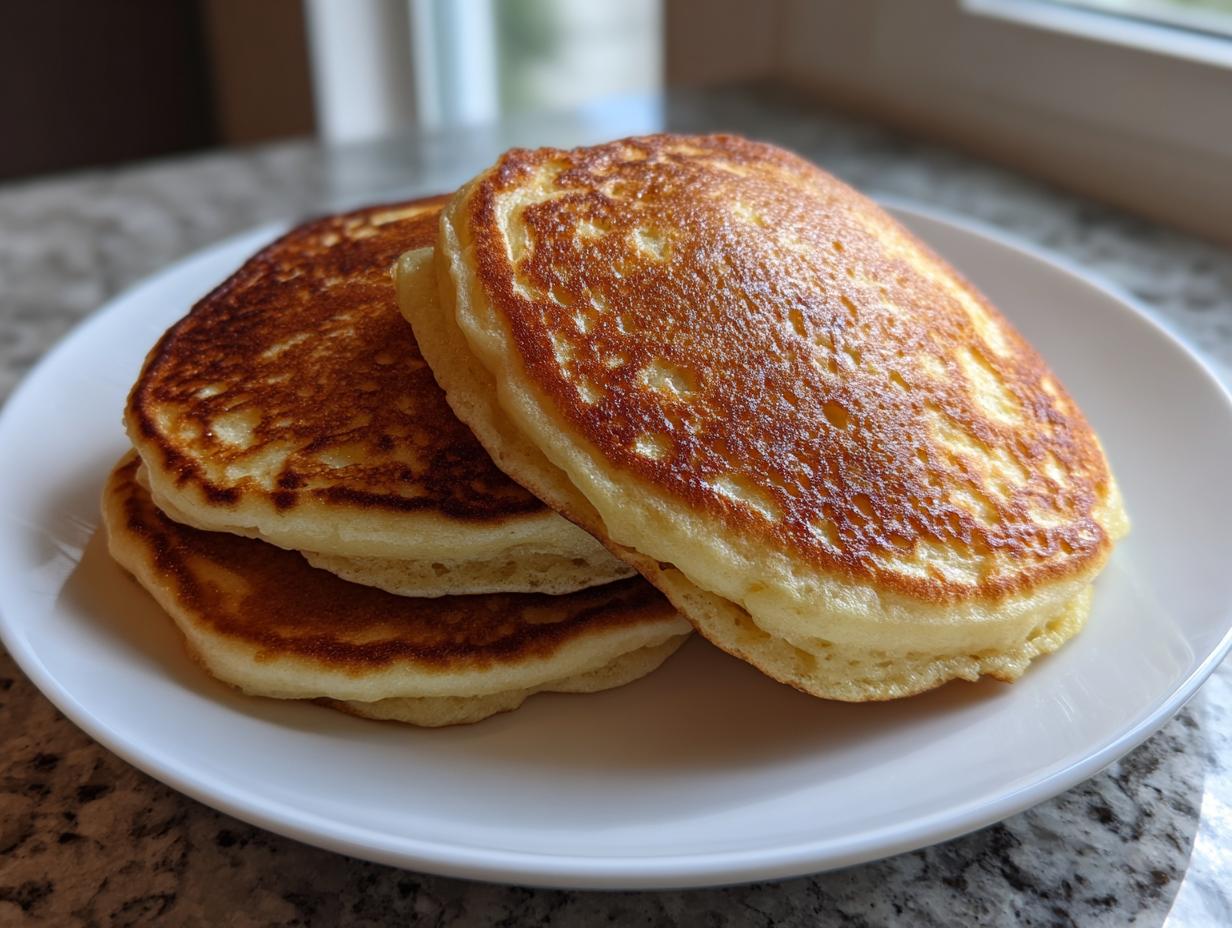 A stack of three golden-brown, fluffy banana pancakes served on a white plate.