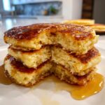 Close-up of a stack of fluffy buttermilk pancakes with a bite taken out, generously covered in golden syrup.