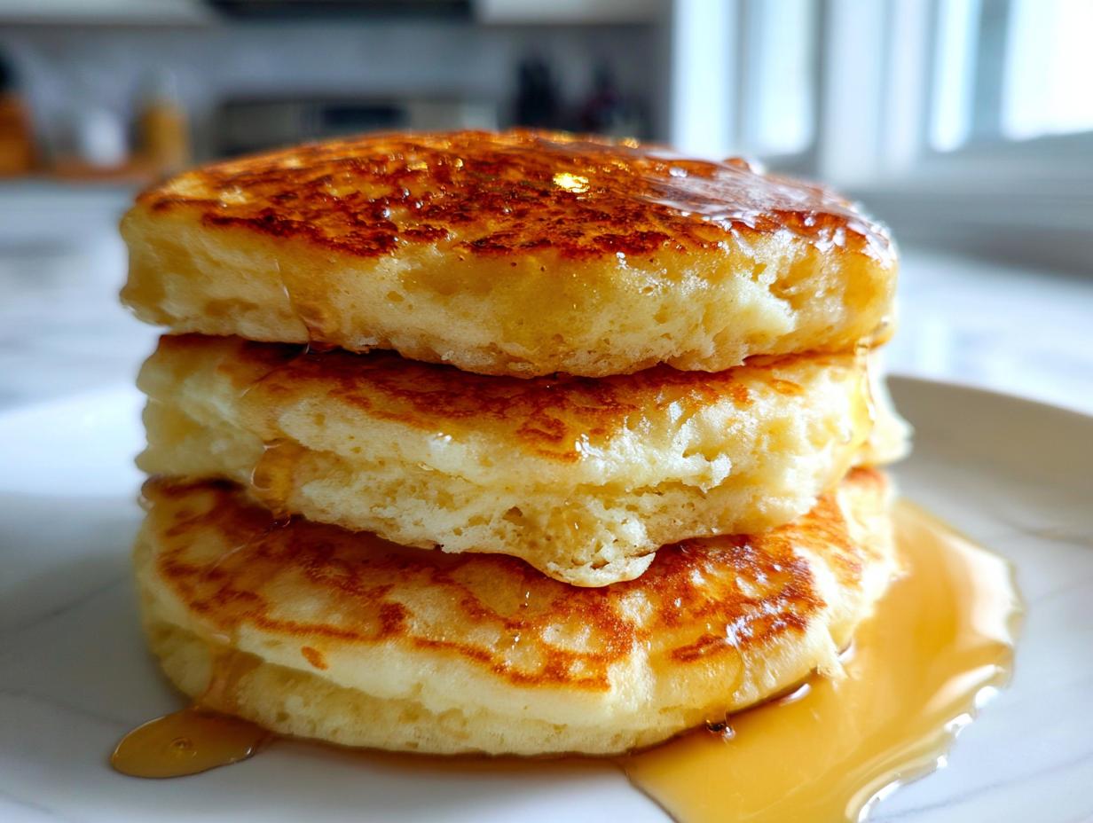 Close-up of a tall stack of three fluffy buttermilk pancakes dripping with golden syrup on a white plate.