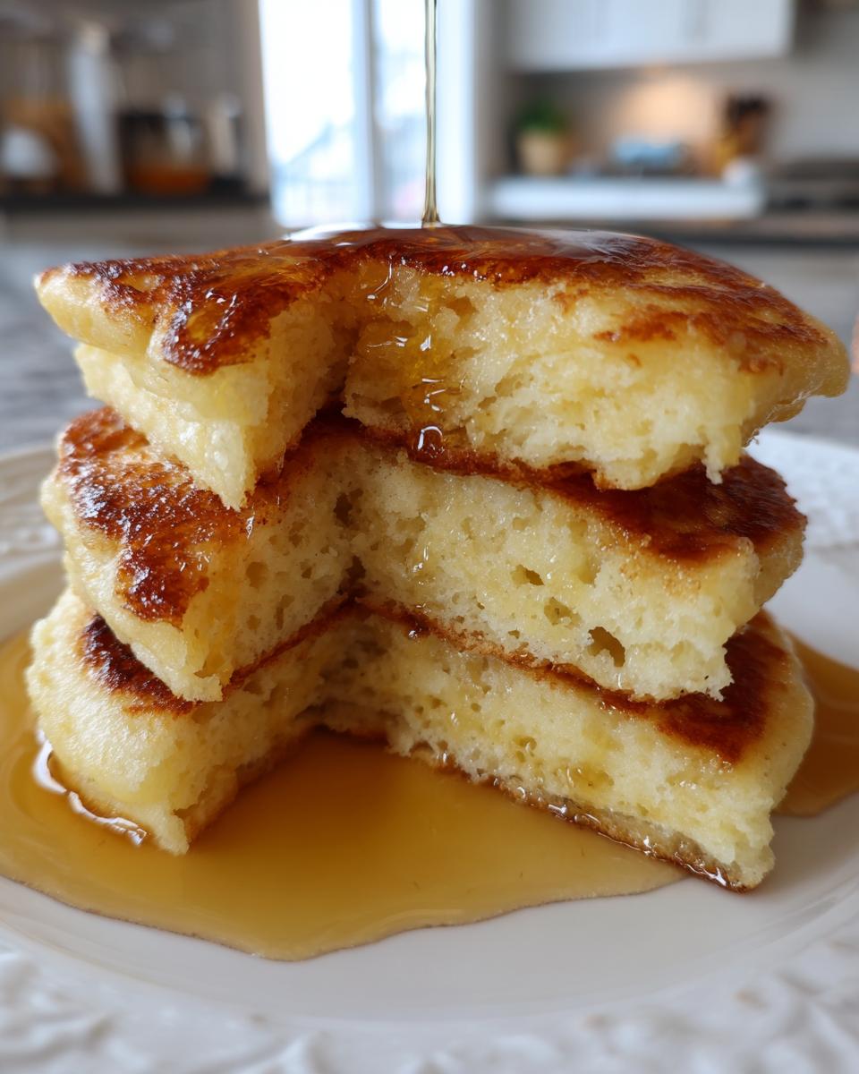A stack of fluffy buttermilk pancakes, cut open to show the airy interior, drizzled with golden syrup.
