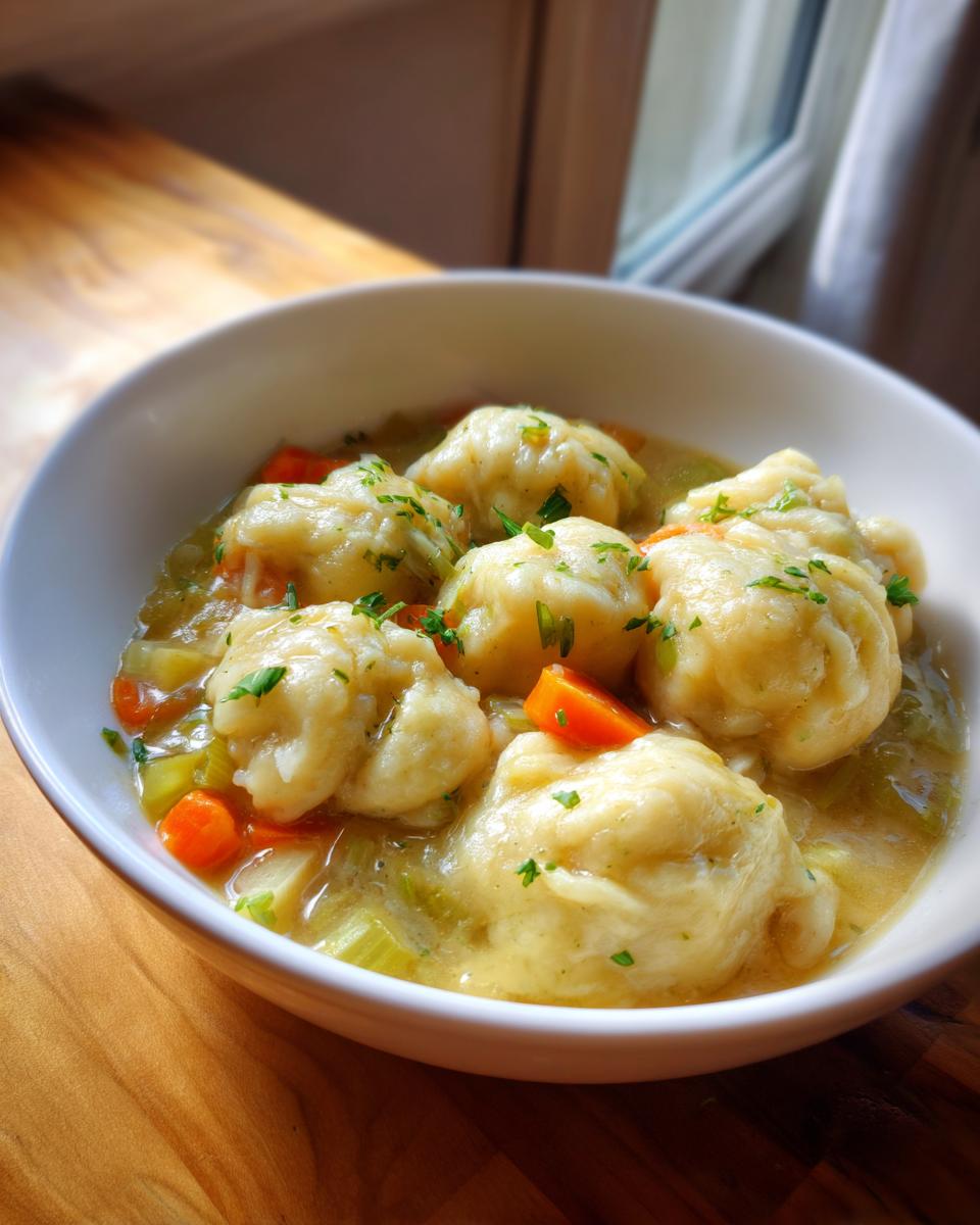 Close-up of fluffy dumplings served in a rich broth with carrots and celery, classic chicken and dumpling.