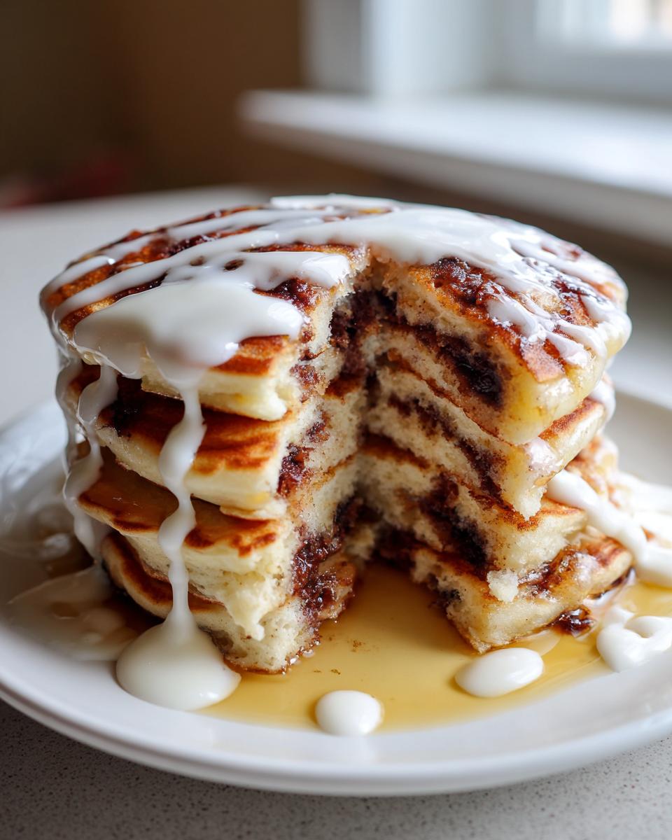 A tall stack of fluffy cinnamon roll pancakes cut open to show the swirl filling, drizzled with white icing.