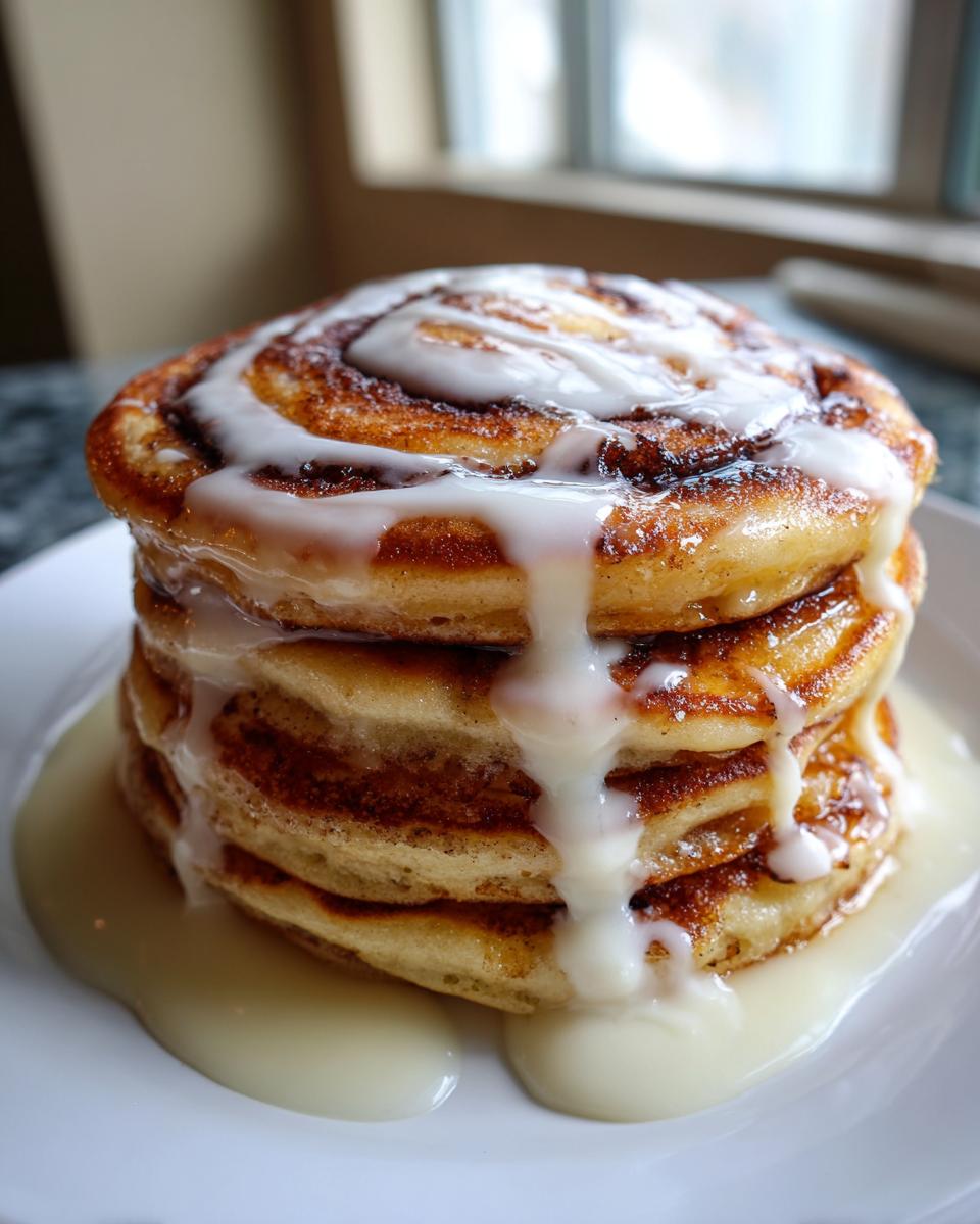A tall stack of fluffy cinnamon roll pancakes drizzled heavily with white icing.