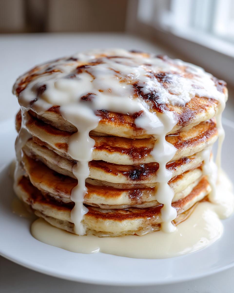 A tall stack of fluffy cinnamon roll pancakes generously drizzled with thick white icing.