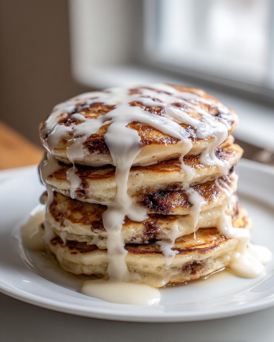 A tall stack of fluffy cinnamon roll pancakes generously drizzled with thick white icing.