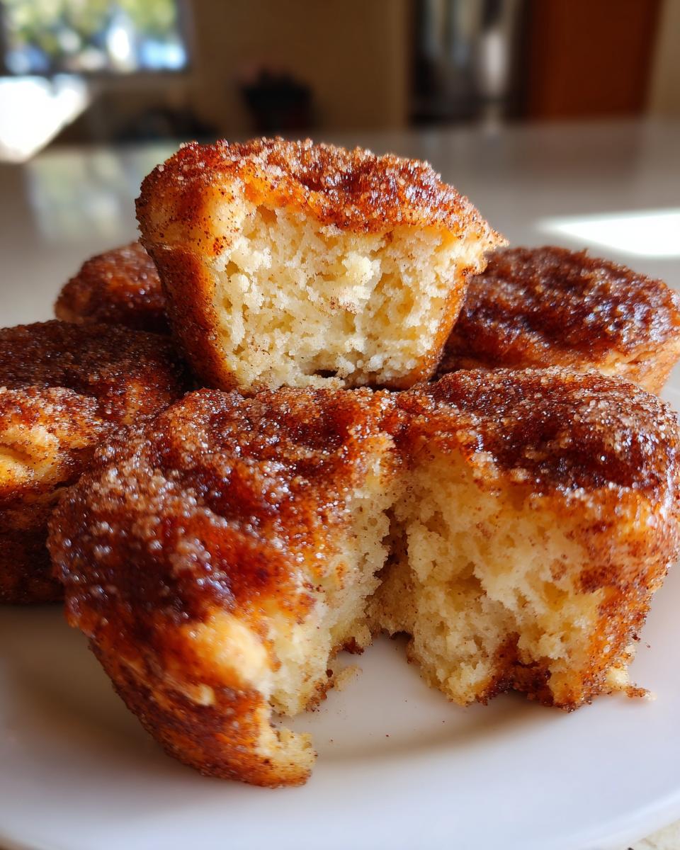 Close-up of fluffy cinnamon sugar french toast muffins, one broken open to show the soft interior texture.