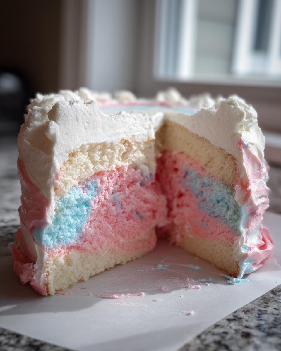 A slice cut from a fluffy cotton candy cake revealing pink and blue marbled layers inside, covered in white frosting.