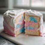 A slice cut from a fluffy cotton candy cake showing layers of white cake marbled with pink and blue coloring, covered in white frosting.