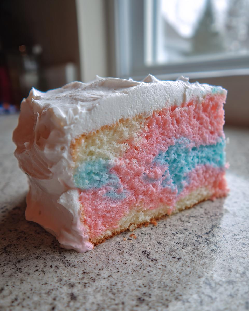 Close-up of a slice of fluffy cotton candy cake showing pink, blue, and white marbled layers with white frosting.