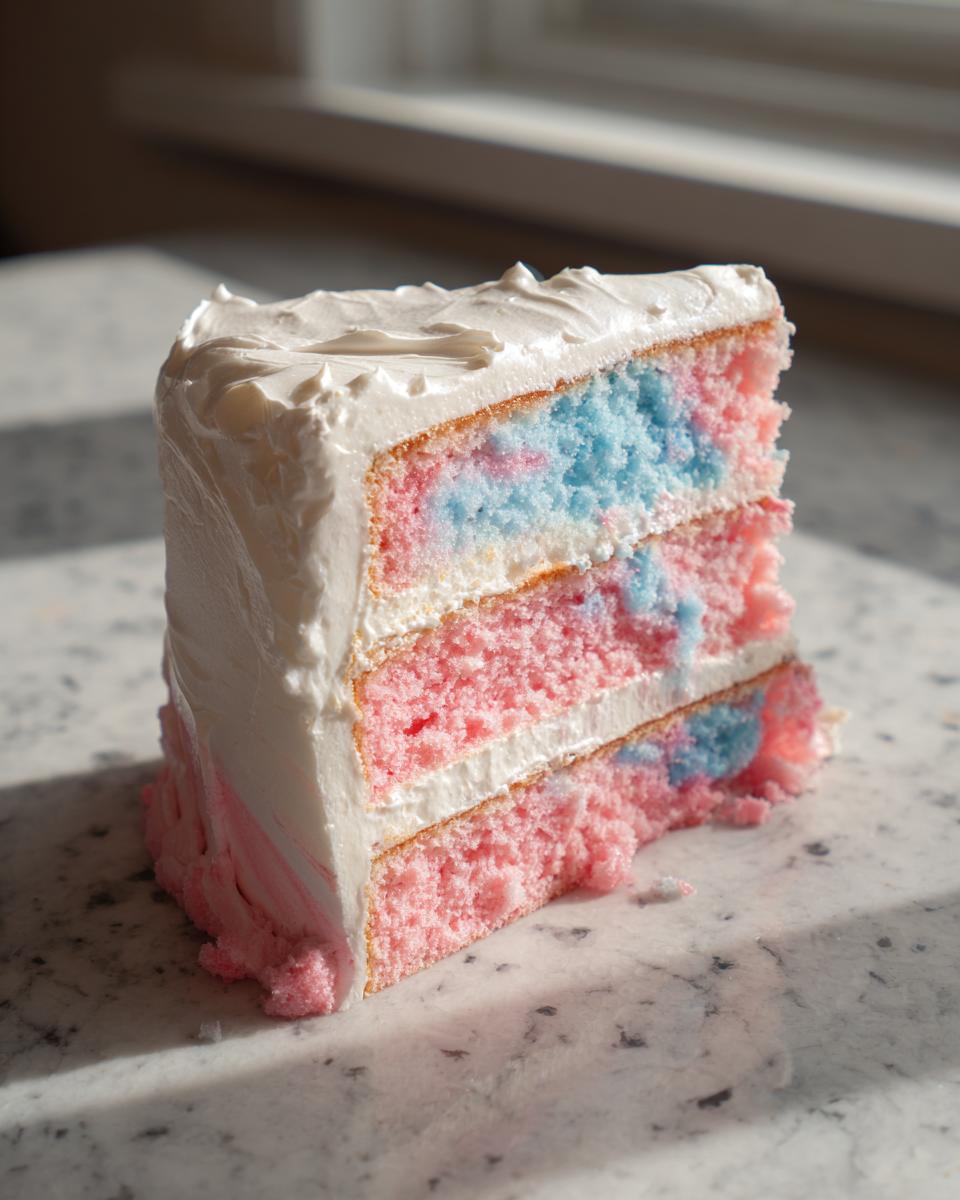 A tall slice of fluffy cotton candy cake with pink and blue marbled layers, covered in white frosting.