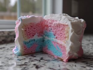 A close-up of a slice of fluffy cotton candy cake showing pink and blue marbled interior and white frosting.