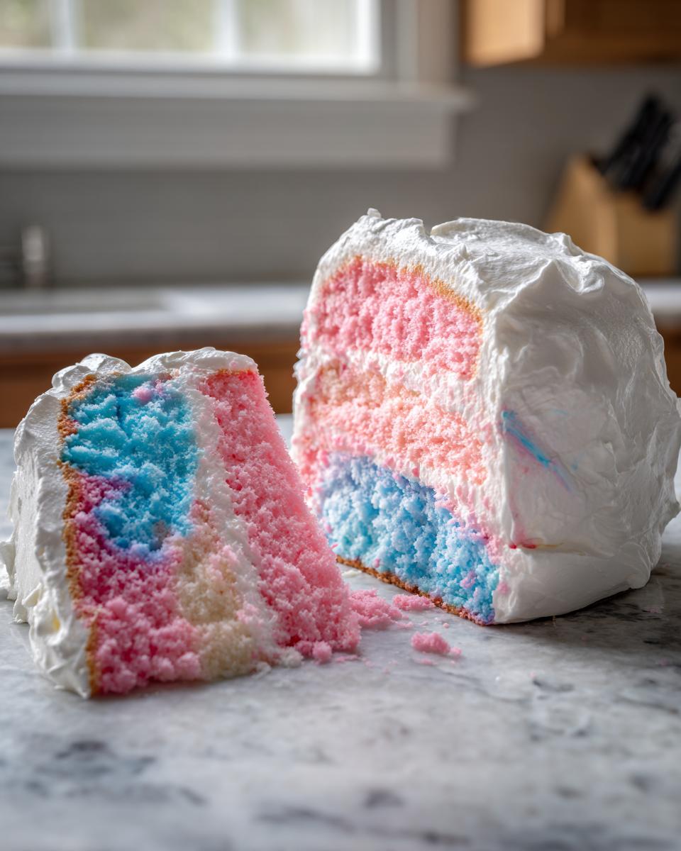 A close-up of a slice and a piece of fluffy cotton candy cake showing vibrant pink and blue layers covered in white frosting.