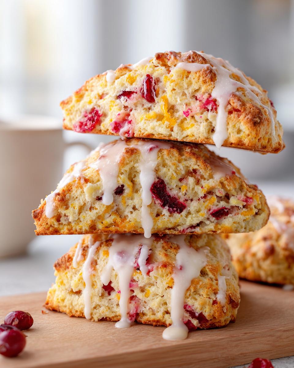 Three fluffy cranberry orange scones stacked on a wooden board, drizzled with white vanilla glaze.