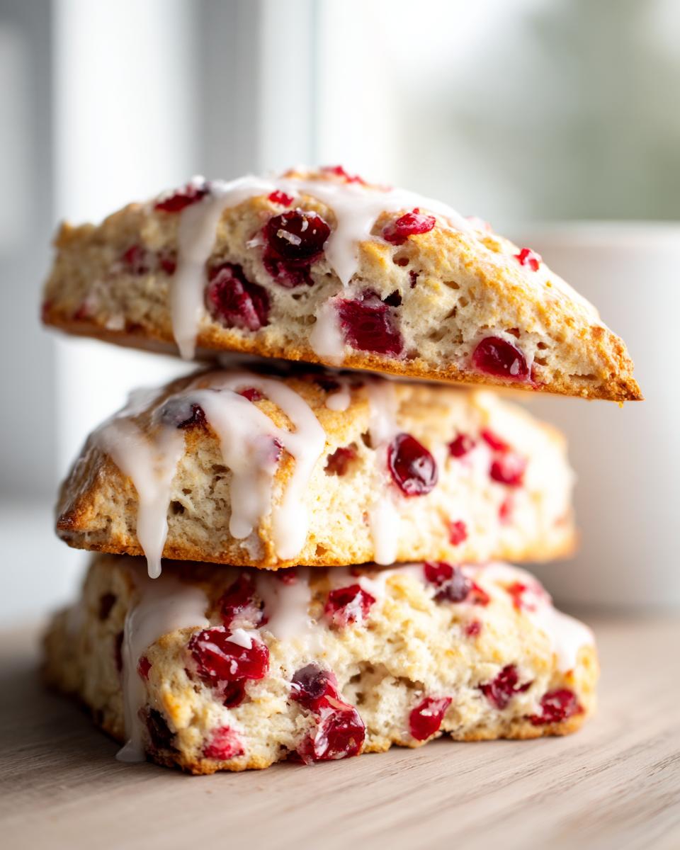 Three fluffy cranberry orange scones stacked, drizzled with a thick white glaze.