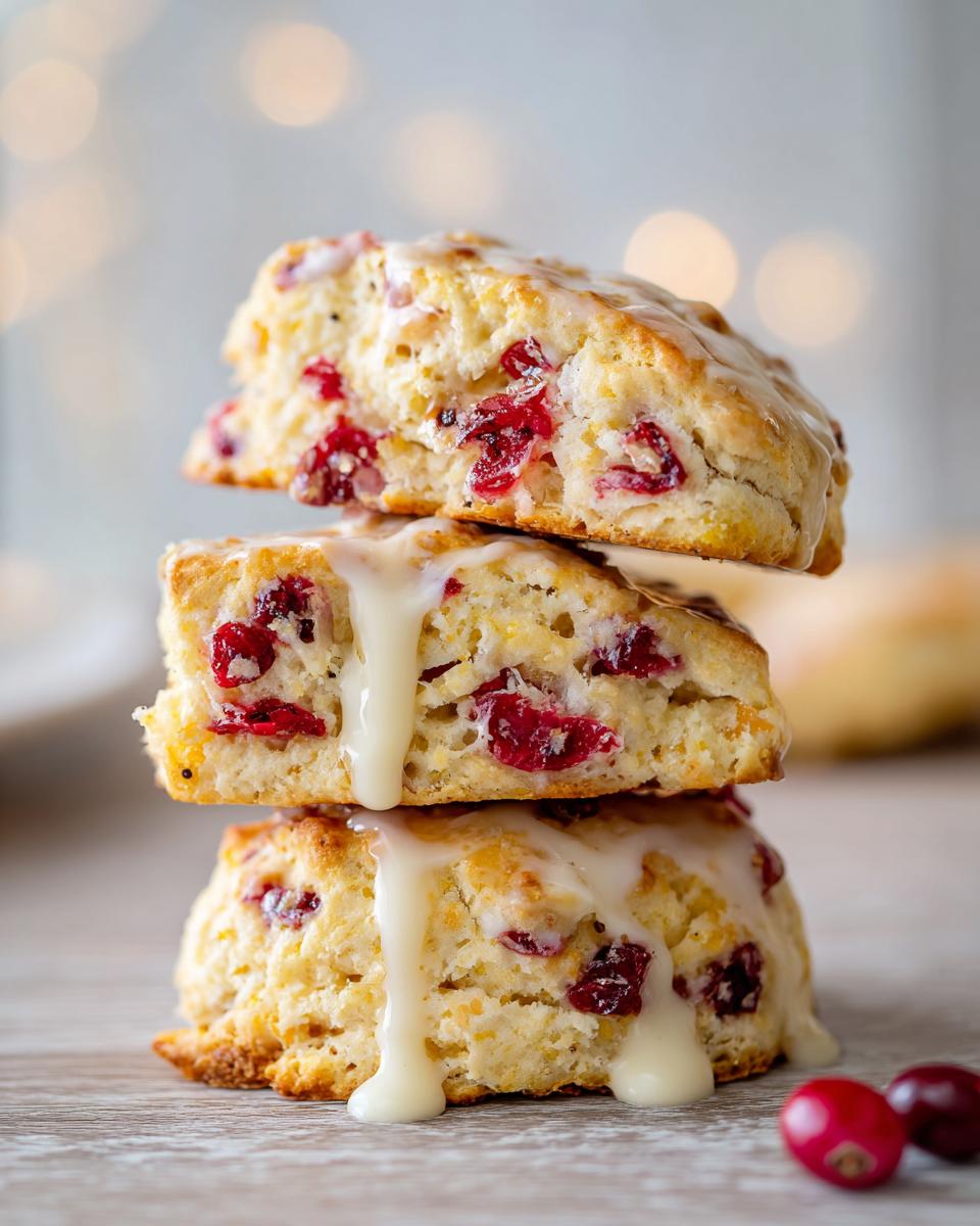 Three fluffy cranberry orange scones stacked and drizzled with white glaze, with fresh cranberries nearby.