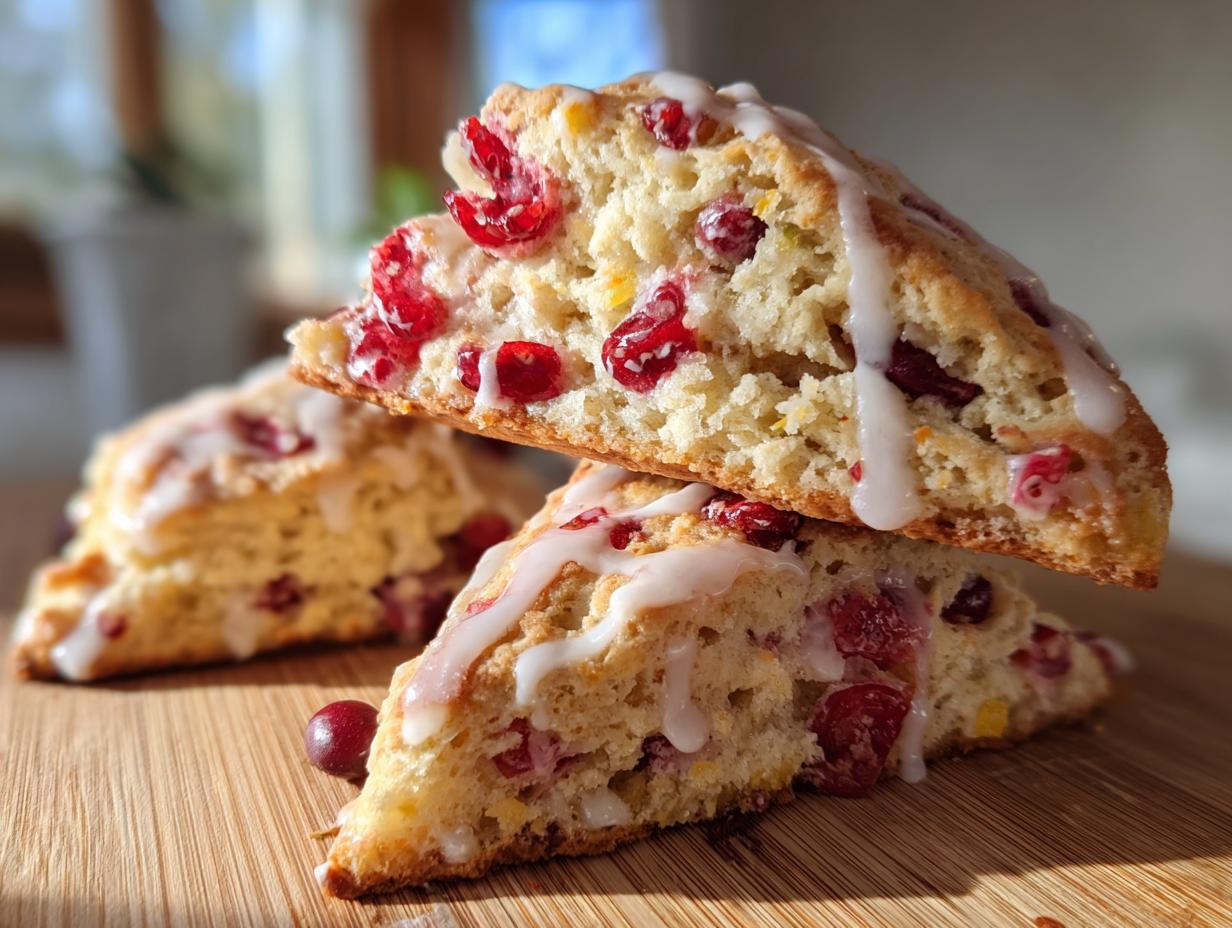 Close-up of fluffy cranberry orange scones stacked on a wooden board, drizzled with white icing.