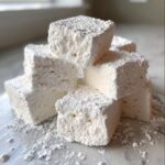 A close-up stack of fluffy, square homemade marshmallows heavily dusted with white powdered sugar.
