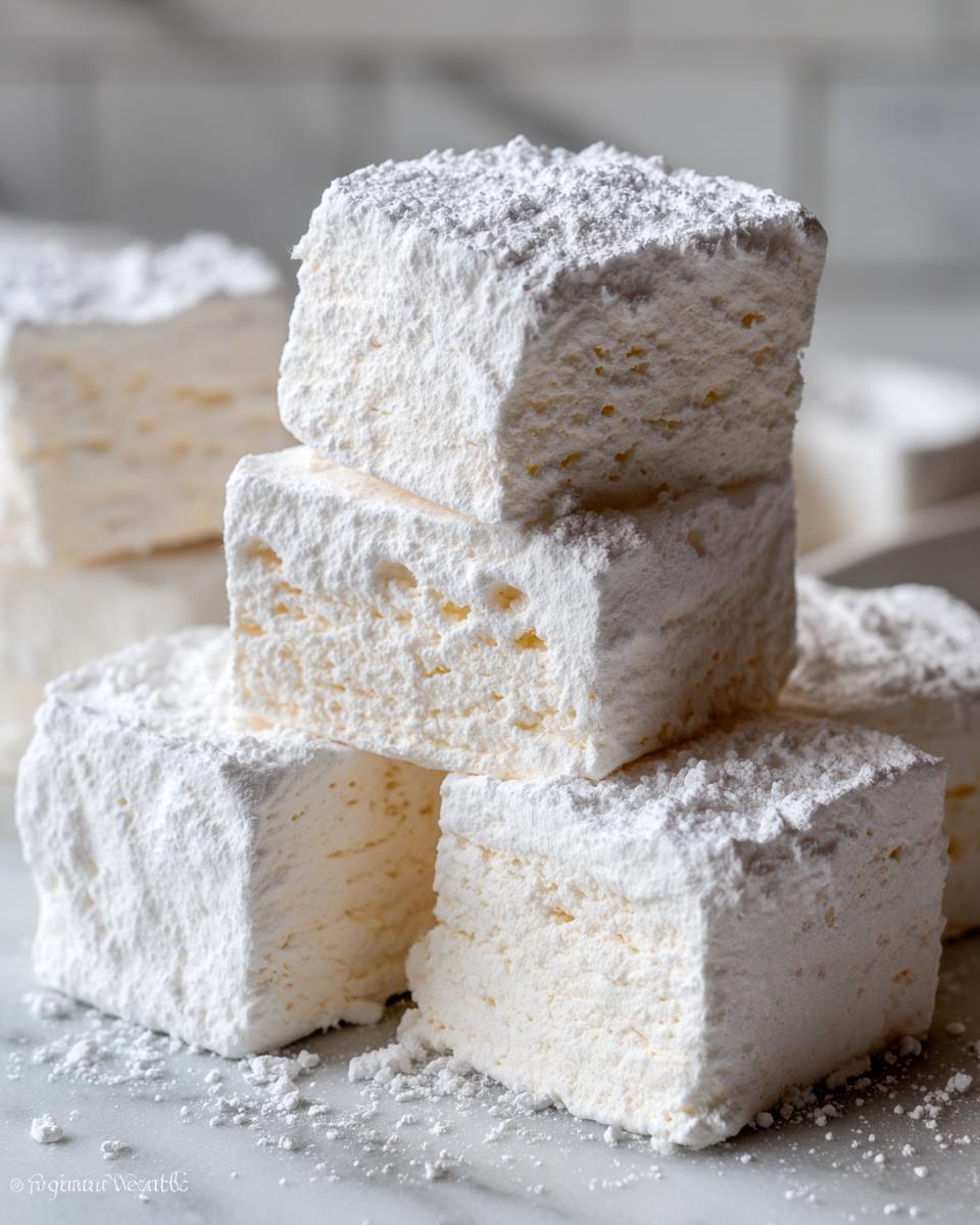 A close-up stack of fluffy homemade marshmallows generously coated in white powdered sugar on a marble surface.
