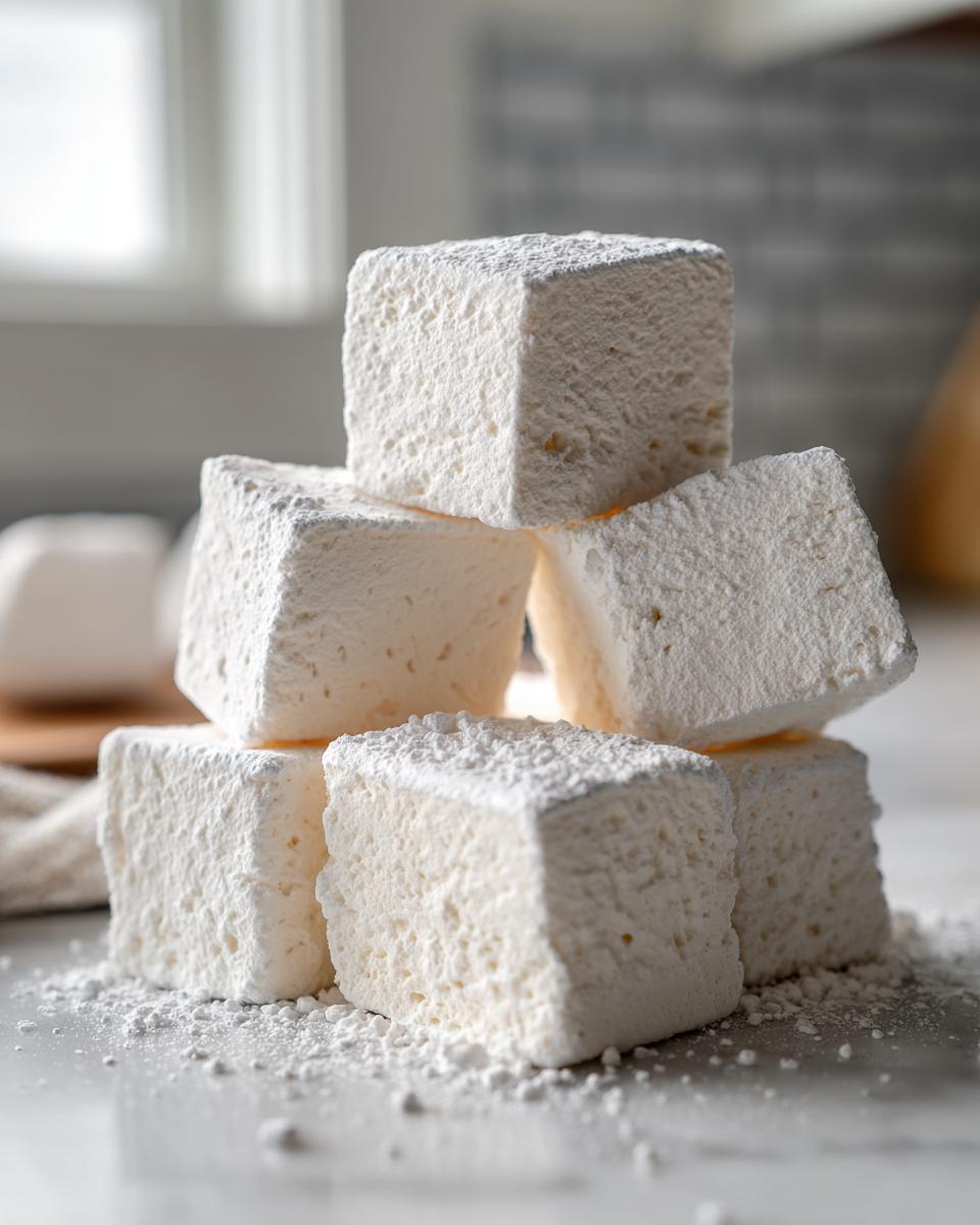 A stack of six fluffy homemade marshmallows dusted generously with powdered sugar on a light surface.