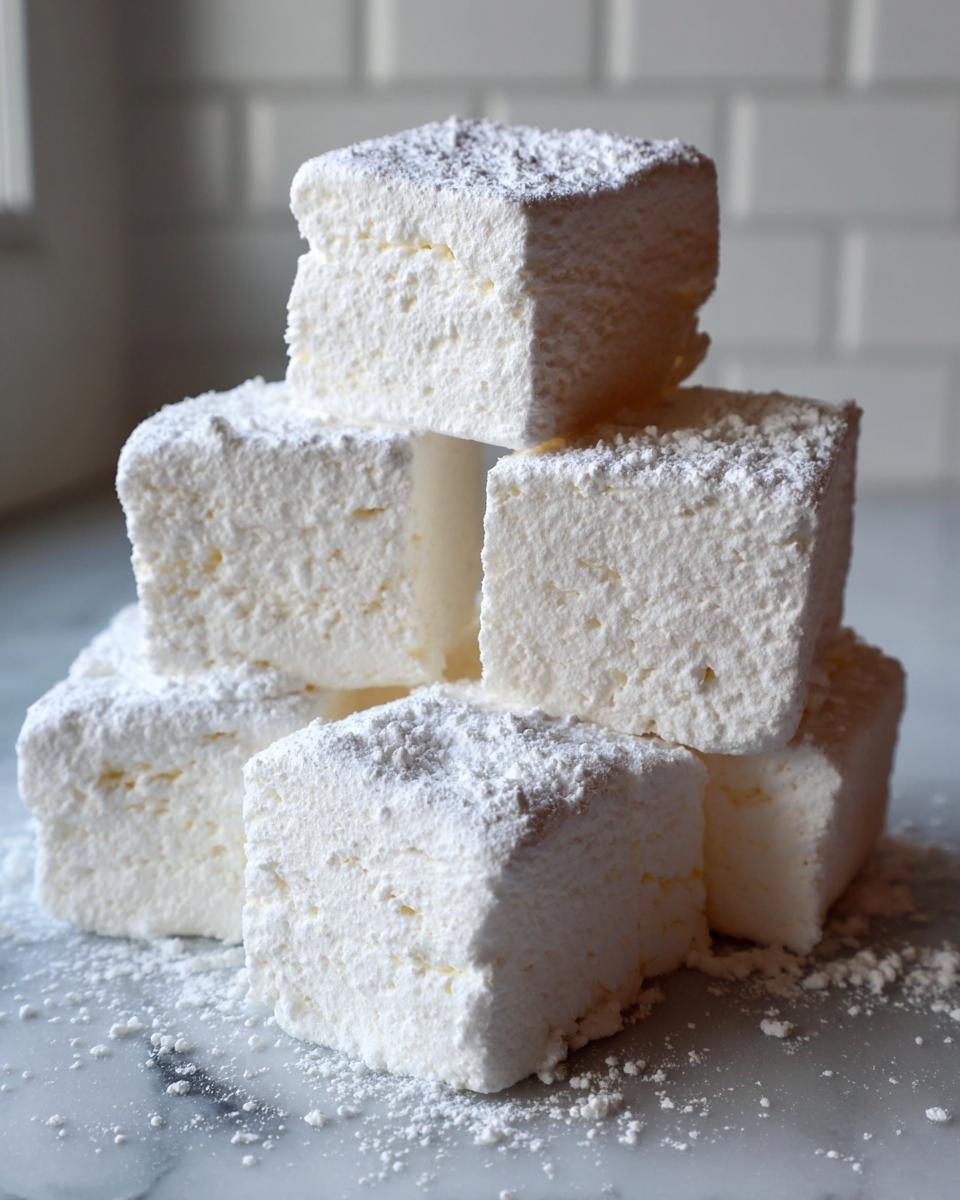 A stack of six fluffy homemade marshmallows dusted generously with powdered sugar on a marble surface.