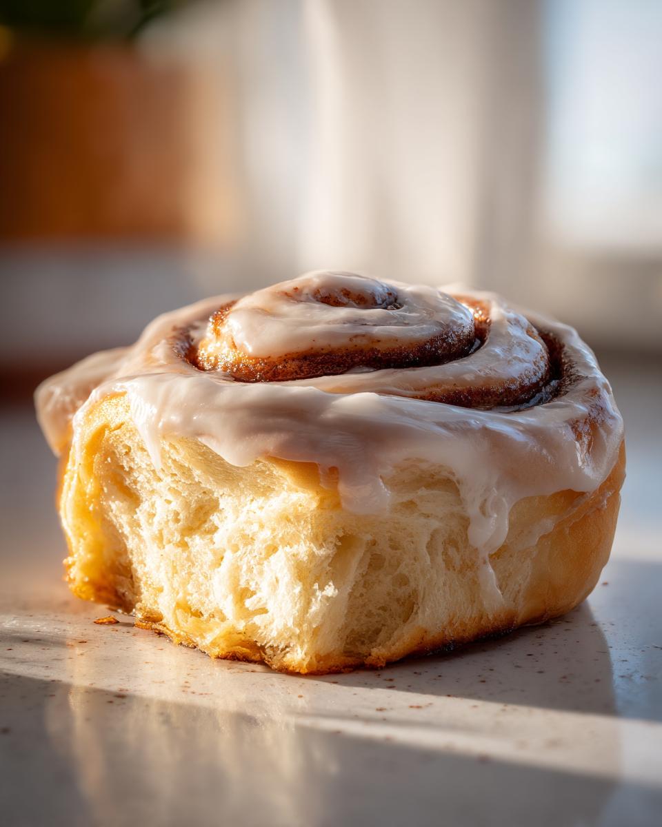 A close-up, cross-section view of a soft, fluffy cinnamon bun topped with thick white icing.