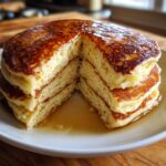 A tall stack of fluffy pancakes cut to show the airy interior, generously drizzled with golden syrup.