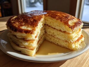 Close-up of a tall stack of incredibly fluffy pancakes, cut to show the airy interior, drizzled with syrup.