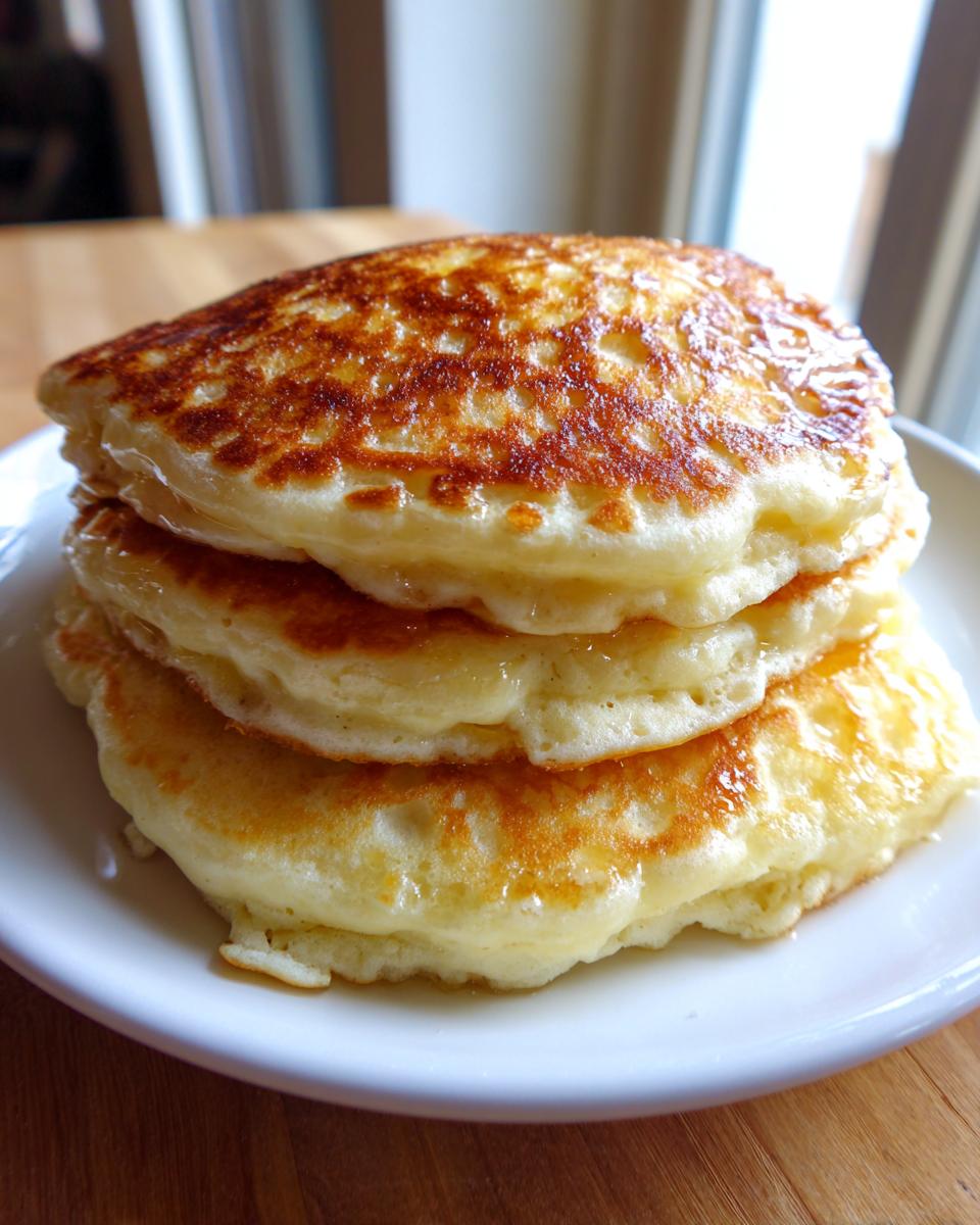 A tall stack of three golden-brown fluffy pancakes drizzled with syrup on a white plate.