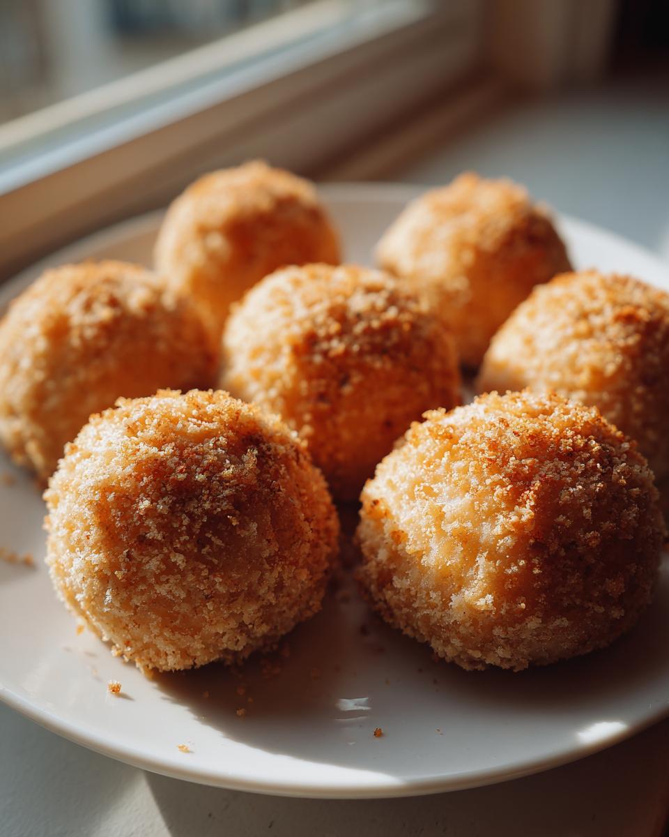 Six golden brown potato dumplings coated in toasted breadcrumbs served on a white plate.