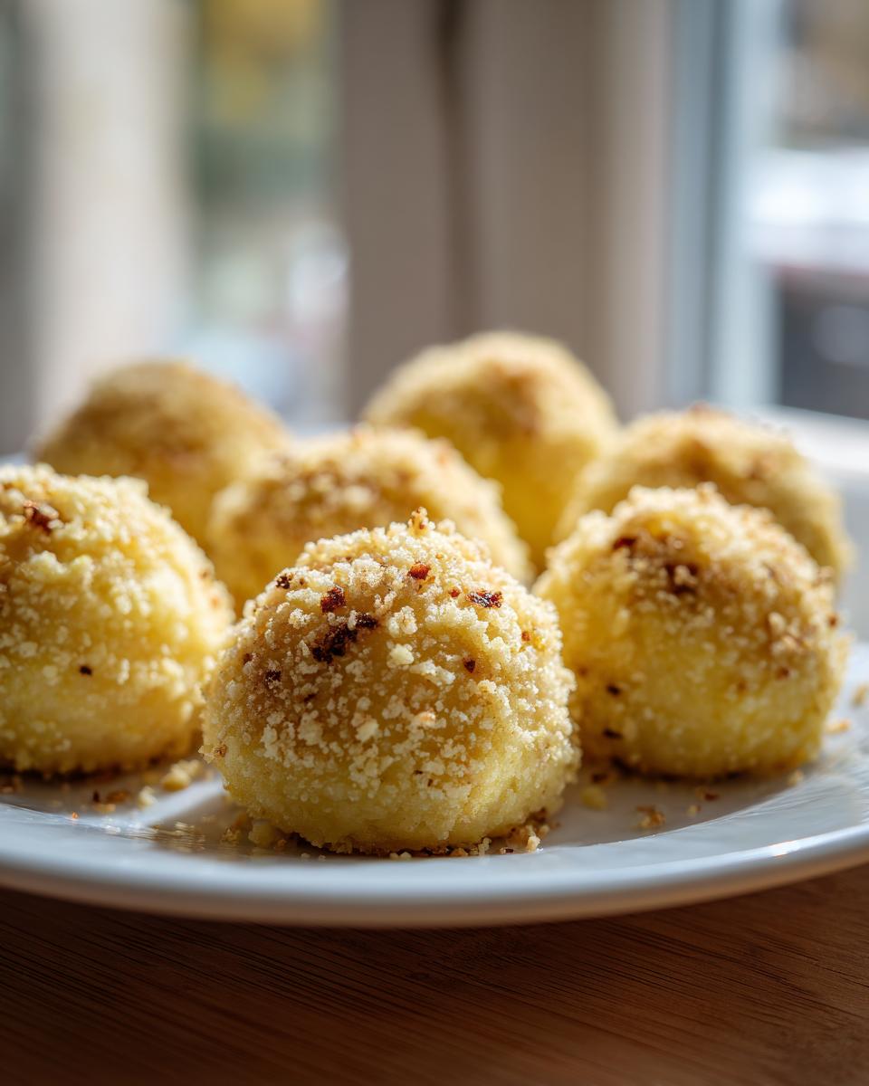Close-up of several fluffy potato dumplings coated in toasted breadcrumbs served on a white plate.