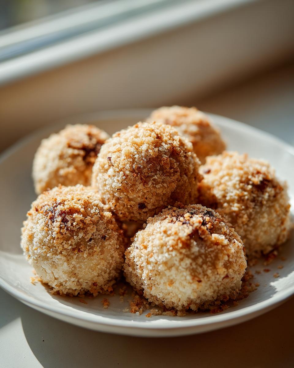 A plate of fluffy potato dumplings coated generously in toasted breadcrumbs, illuminated by natural light.
