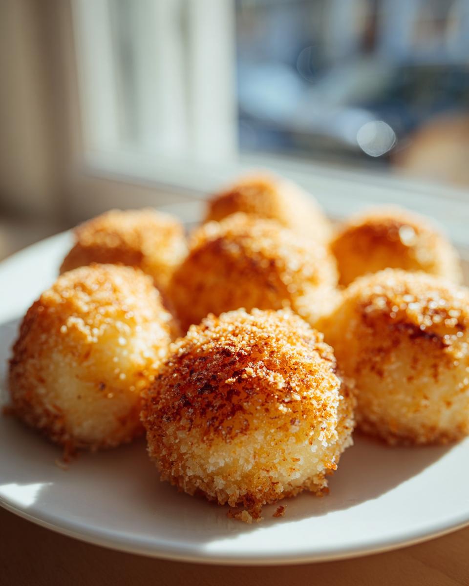 Close-up of several fluffy potato dumplings coated in toasted, golden brown breadcrumbs served on a white plate.