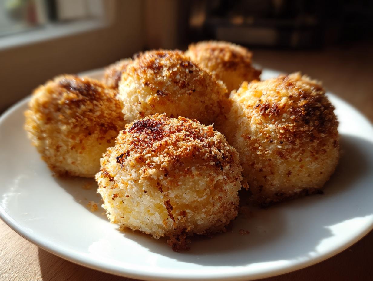 Close-up of several fluffy potato dumplings coated in toasted breadcrumbs served on a white plate.