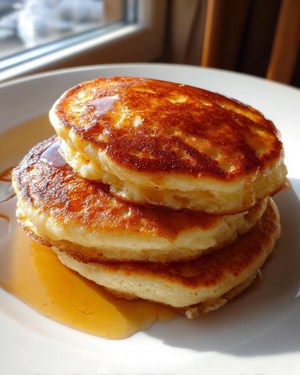 A stack of three fluffy sourdough pancakes drizzled with golden syrup on a white plate.