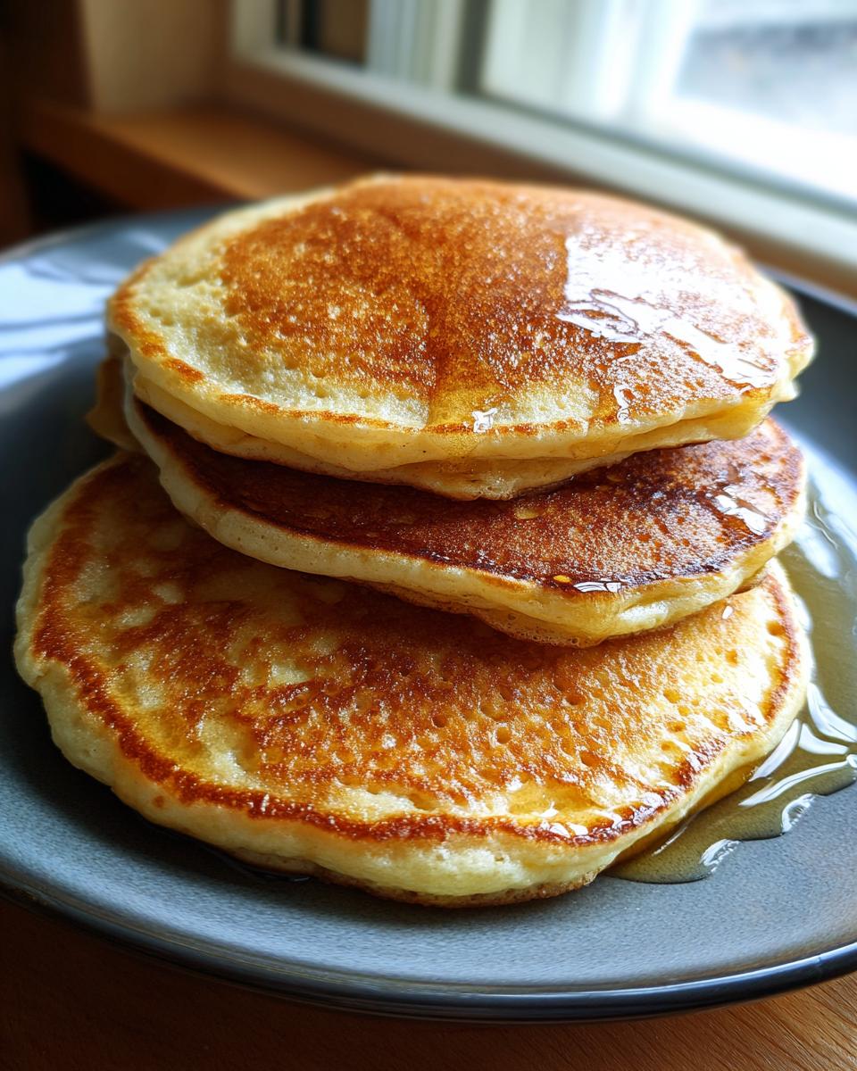 A close-up stack of three golden brown sourdough pancakes drizzled with syrup on a gray plate.