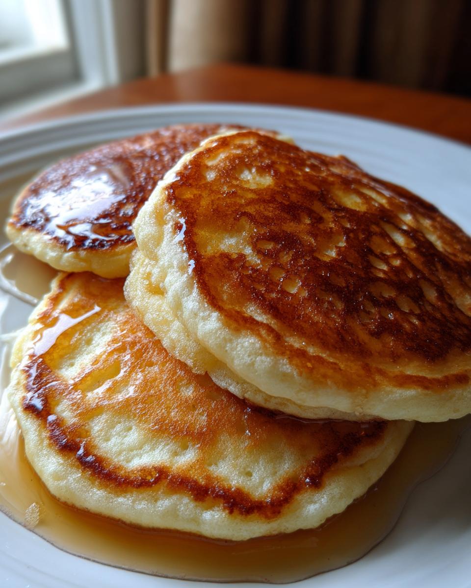 Close-up of a stack of three fluffy sourdough pancakes drizzled generously with maple syrup.