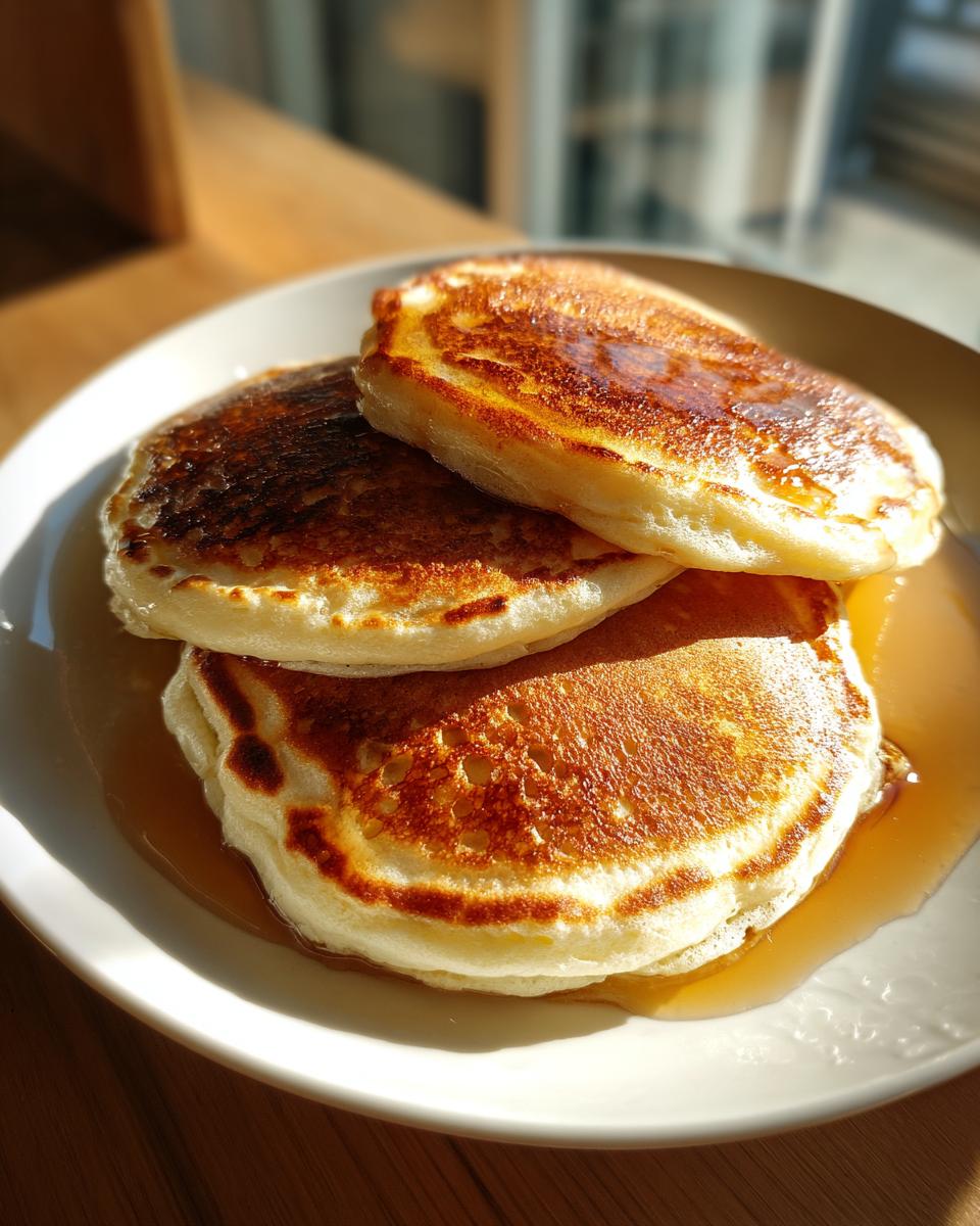 A stack of three fluffy sourdough pancakes drizzled with syrup on a white plate.
