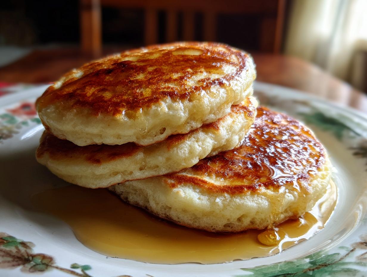 A stack of three fluffy sourdough pancakes dripping with syrup on a decorative plate.