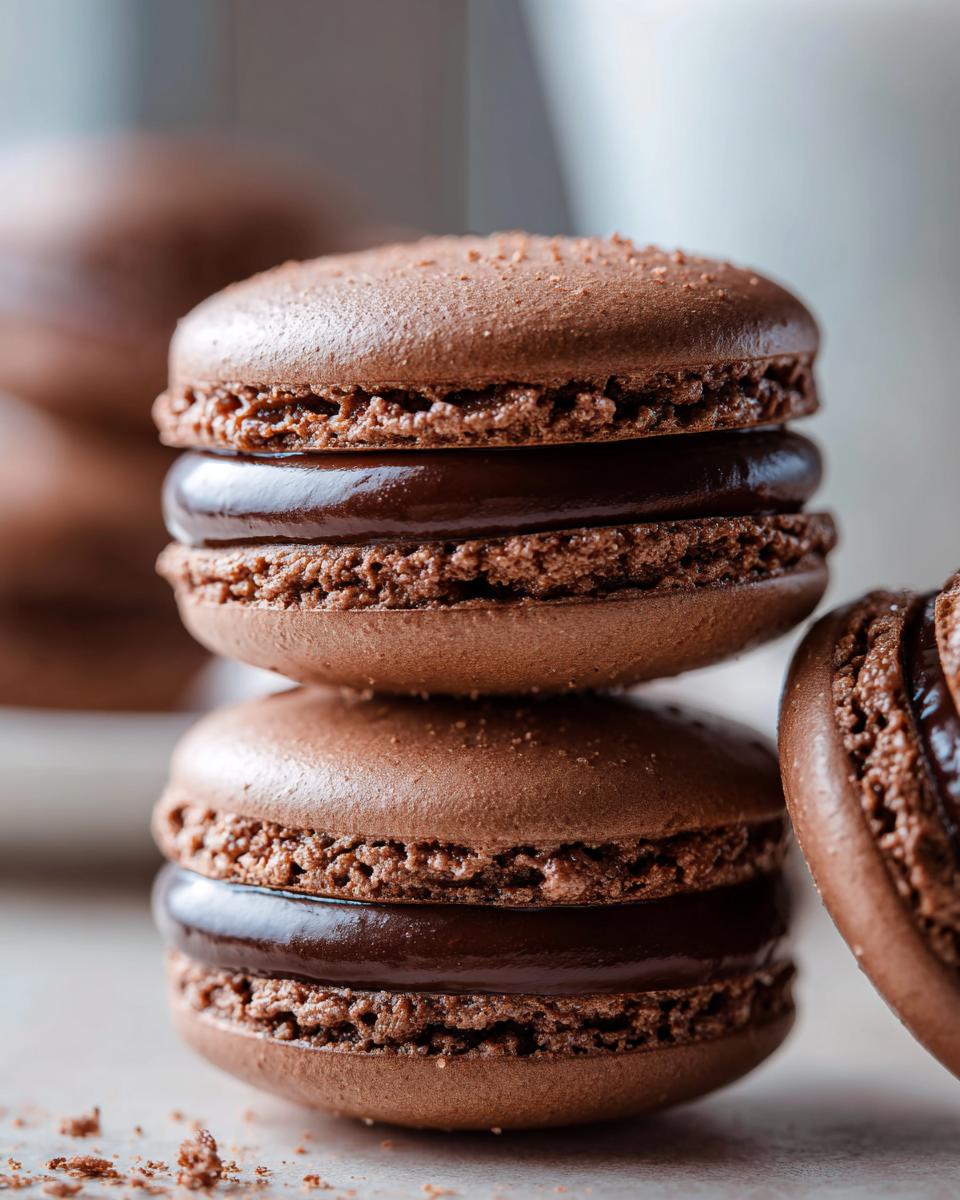 Close-up of two stacked, perfectly formed chocolate macarons filled with glossy ganache.