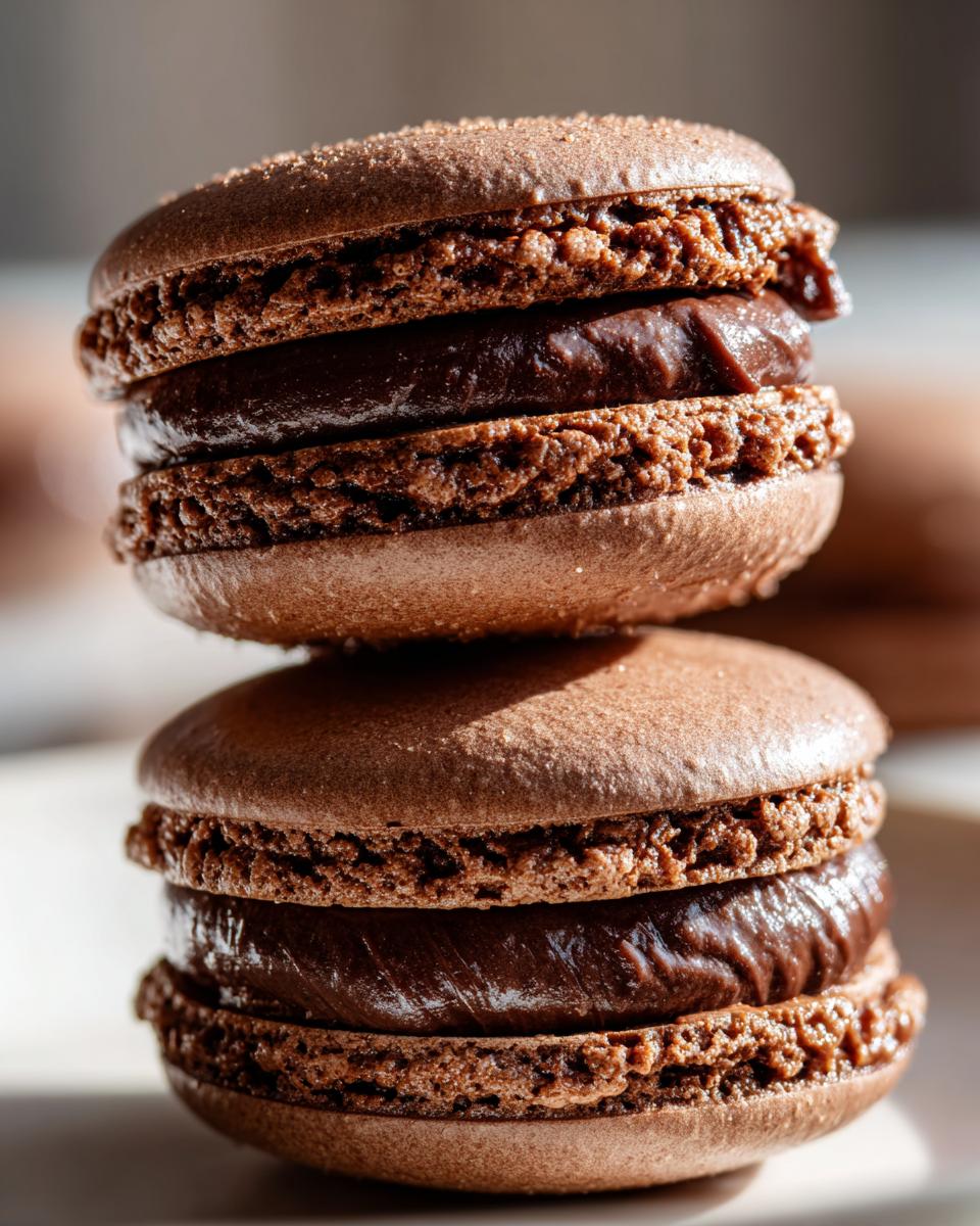 Close-up of two stacked, rich brown chocolate macarons with glossy ganache filling.