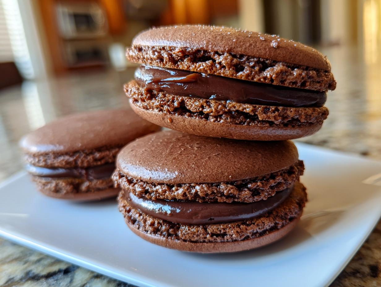 A close-up stack of three perfectly formed, rich chocolate macarons filled with glossy ganache.
