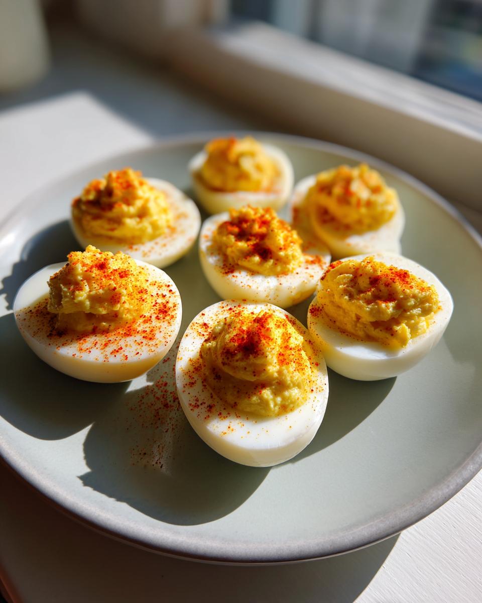 A plate of six perfectly piped deviled eggs, garnished generously with red paprika.