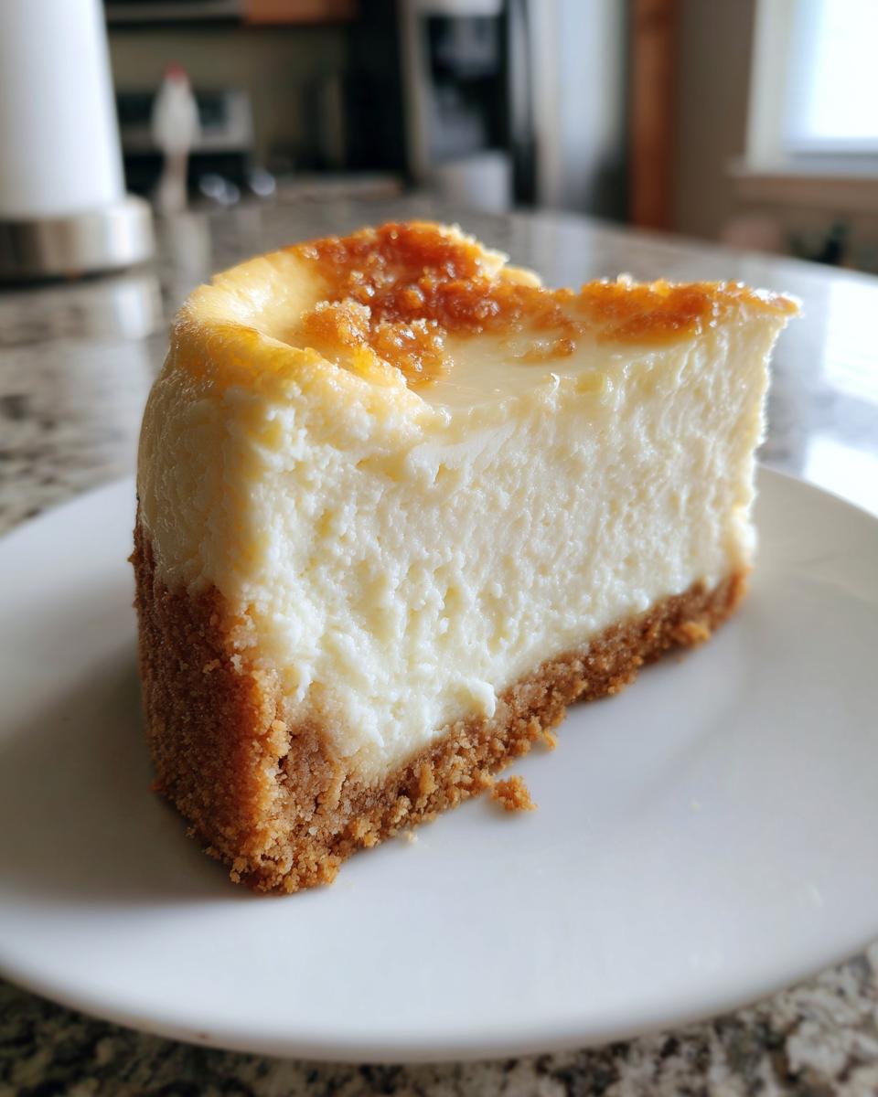 A close-up of a thick slice of creamy white chocolate cheesecake with a golden graham cracker crust.
