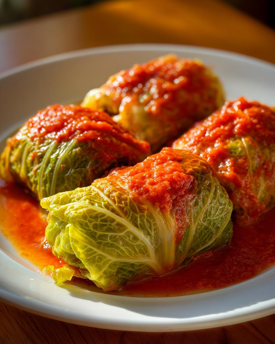 Four savory cabbage rolls smothered in bright red tomato sauce served on a white plate.